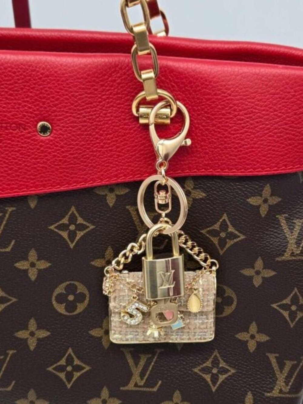 Authentic Louis Vuitton Padlock & Key Gold ✨Unbranded Tweed Bag Charm Keychain - Picture 2 of 10